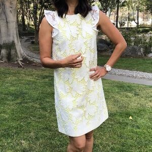 Tahari Petite White and Yellow Ruffle Sleeve Floral Embroidered Sheath Dress
